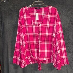 NWT Lane Bryant Vibrant Pink Plaid Long Sleeve Shirt Size 24